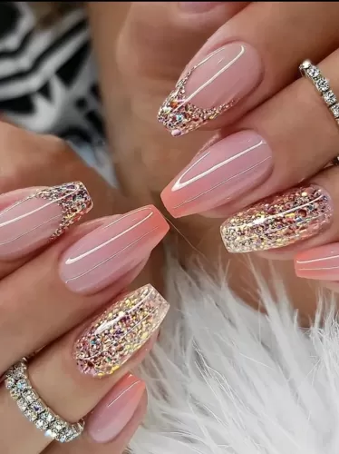 Peach Ombre Rhinestone Medium Coffin 50pc Nail Set