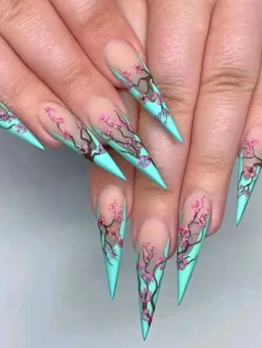 Teal Plum Floral Long Stiletto 50pc Nail Set