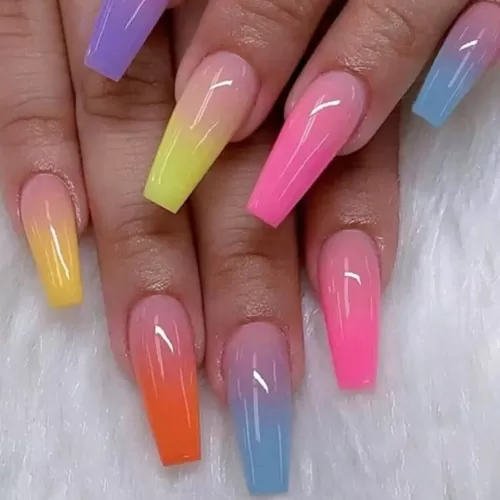 Rainbow Ombre Rhinestone Medium Coffin 50pc Nail Set